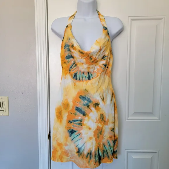 NWT Hello Molly Green Yellow Tie Dye Halter Neck Summer Mini Dress Size 4 - Picture 3 of 13